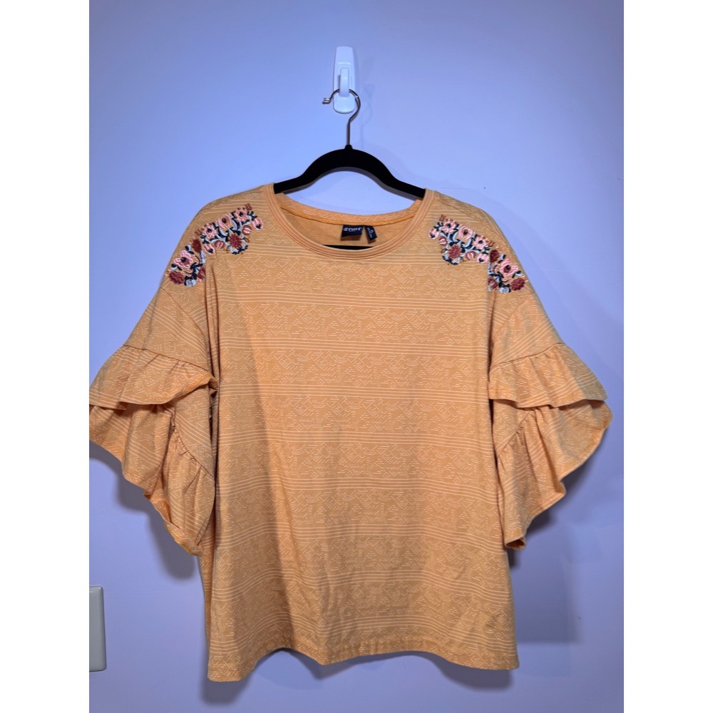 Cruel Denim Womens Mustard Yellow Floral Embroidered Ruffle Sleeve Top XL